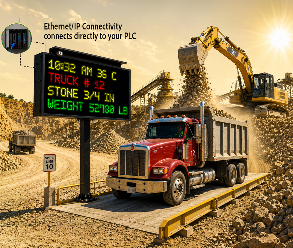 excavator loading semi with sones on a weigh scale