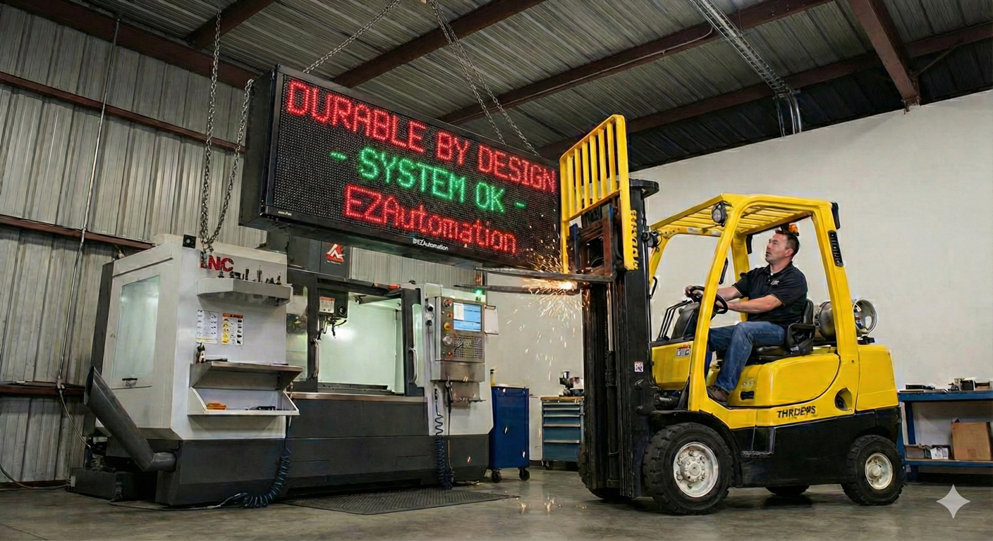 ezmarquee hit by foklift in a plant floor but still displaying message